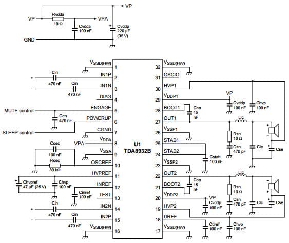 Typical simplified application diagram for 2 + SE (asymmetrical supply) for TDA8932B Class-D audio amplifier