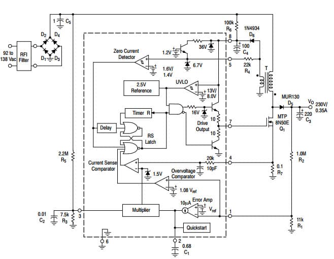 Typical Application Circuit for MC33262 Power Factor Controllers for 80 W Power Factor Controller