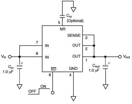 Typical Application for NCP3335A Ultra High Accuracy, Low Iq, 500 mA Low Dropout Regulator for Adjustable Version