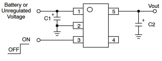 Typical Application for NCP502 80 mA CMOS Low Iq, Low- Dropout Voltage Regulator