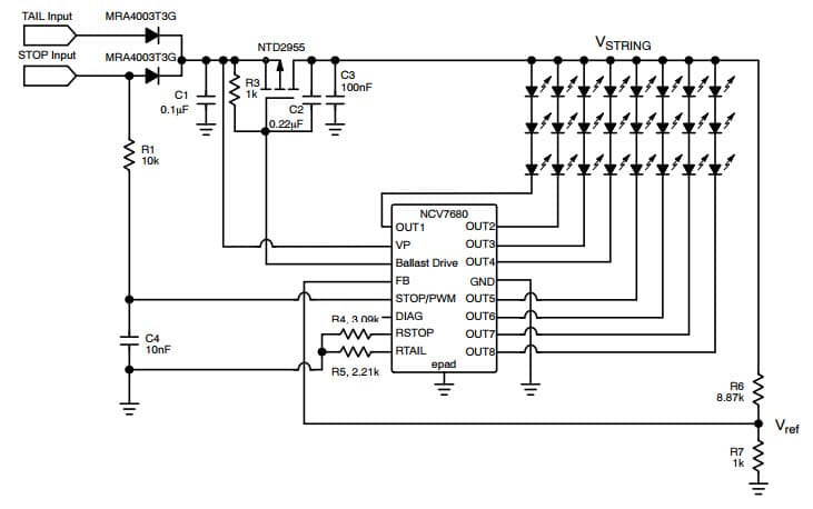 Typical Application Circuit for NCV7680 Linear Current Regulator and Controller for Automotive LED Rear Combination Lamps with External FET Ballast Transistor