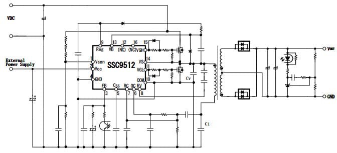 Typical Application Circuit for SSC9512 Controller IC for Current Resonant Type Switching Power Supply with Half-Bridge Resonance, High Efficiency and Low Noise