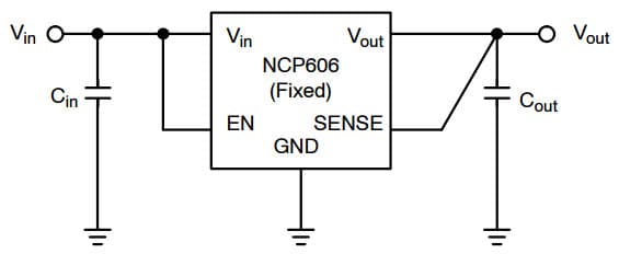 Typical Application for NCP606 500mA, Low IGND, CMOS LDO Regulator with/without Enable and with Enhanced ESD Protection for Fixed Version (1.5 V, 1.8 V, 2.5 V, 2.8 V, 3.0 V, 3.3 V, 5.0 V)