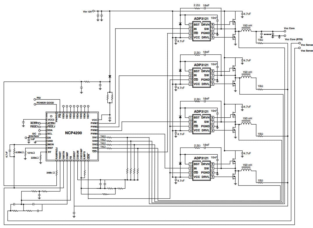 Typical Application for NCP4200 Programmable Multi-Phase Synchronous Buck Converter with PMBus