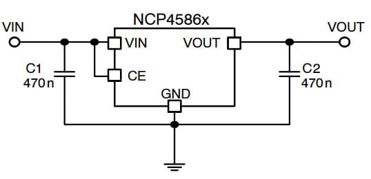 Typical Application for NCP4586 150 mA, Low Noise, Low Dropout Regulator