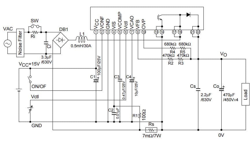 Typical Application for STK760-213-E Thick-Film Hybrid IC Single-phase rectification Active Converter Hybrid IC