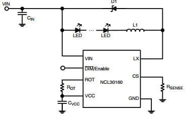 Typical Application for NCL30160 1.0A Constant-Current Buck Regulator for Driving High Power LEDs