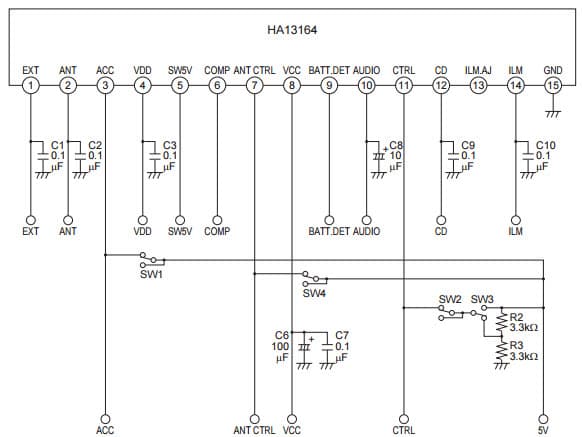 Typical Application Circuit for HA13164A Multiple Voltage Regulator