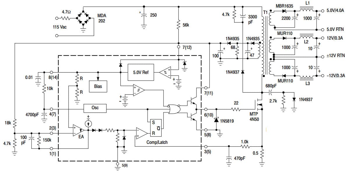 Typical Application Circuit for UC3842B High performance Current Mode Controllers