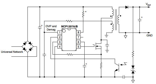 Typical Application for NCP1207A PWM Current-Mode Controller for Free Running Quasi-Resonant Operation