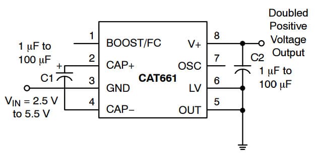 Typical Application for CAT661 High Frequency 100 mA CMOS Charge Pump with Positive Voltage Doubler