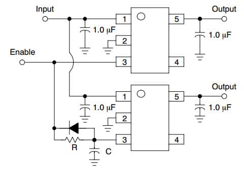 Typical Application for 150 mA CMOS Low Iq Low-Dropout Voltage Regulator with Delayed Turn-on