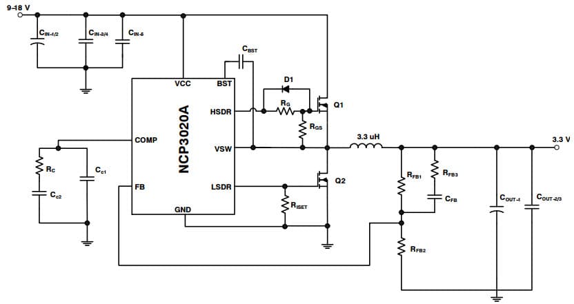 Typical Application for NCP3020A Synchronous PWM Controller