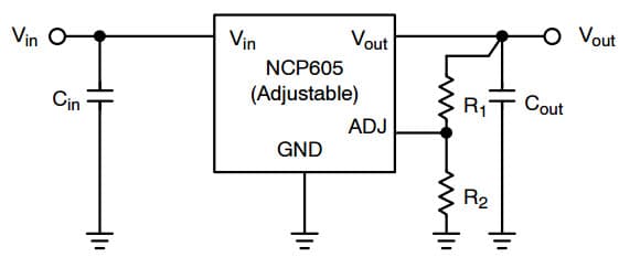 Typical Application for NCP606 500mA, Low IGND, CMOS LDO Regulator with/without Enable and with Enhanced ESD Protection for Adjustable Version (1.25 V < Vout <= 5.0 V)