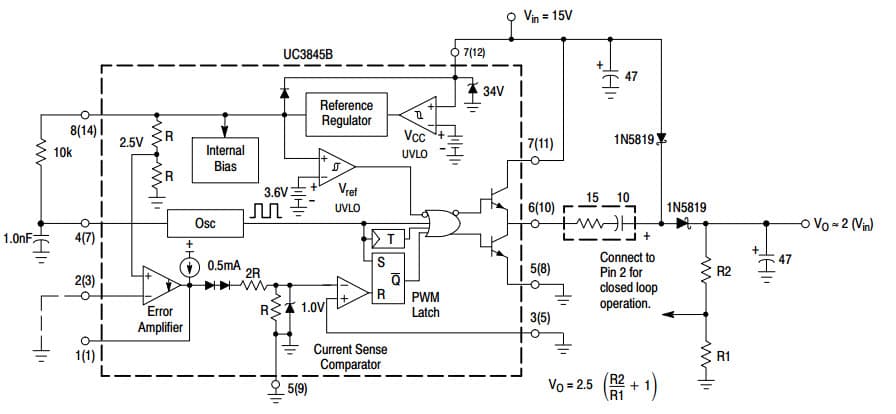 Typical Application for UC3845B Step-Up Charge Pump Converter