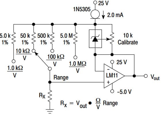 Typical Application for NCV431A Programmable Precision References for Linear Ohmmeter