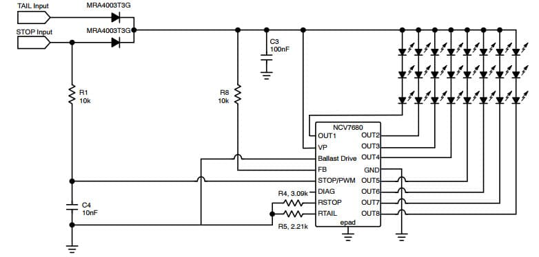 Typical Application Circuit for NCV7680 Linear Current Regulator and Controller for Automotive LED Rear Combination Lamps without External FET Ballast Transistor