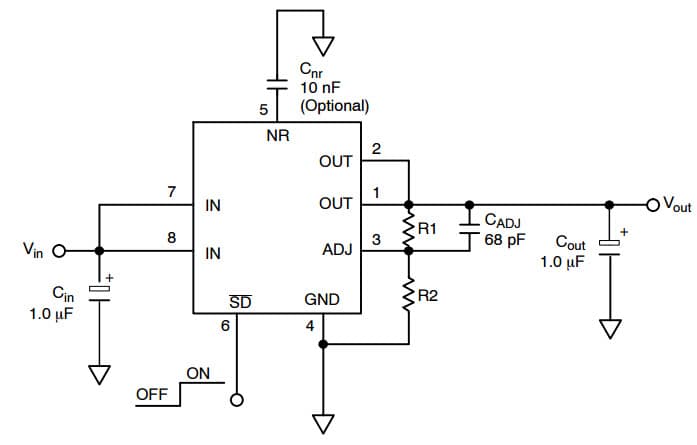 Typical Application for NCP3335A Ultra High Accuracy, Low Iq, 500 mA Low Dropout Regulator for Fixed Version