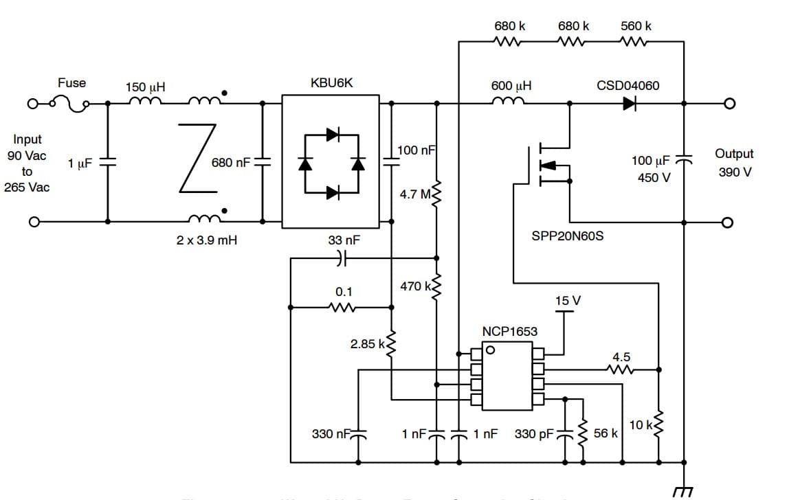 Typical Application for NCP1653 Compact, Fixed-Frequency, Continuous Conduction Mode PFC Controller for 300 W 100 kHz Power Factor Correction Circuit