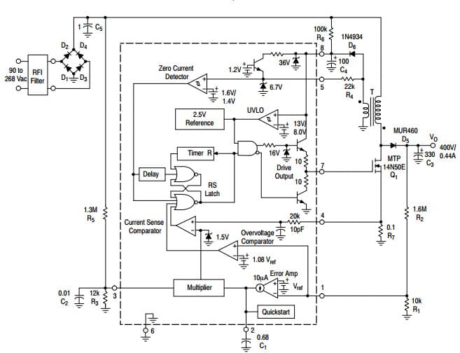 Typical Application Circuit for MC33262 Power Factor Controllers for 175 W Universal Input Power Factor Controller