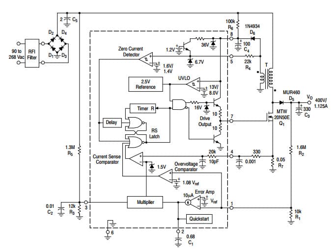 Typical Application Circuit for MC33262 Power Factor Controllers for 450 W Universal Input Power Factor Controller