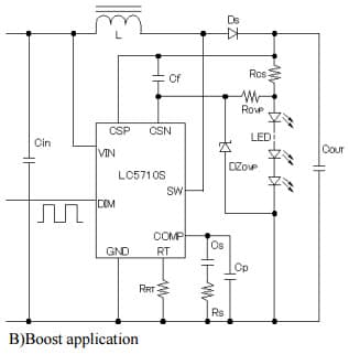 Typical Application for LC5710S product is the power IC for LED driver which incorporates a power MOSFET and a controller IC in a package for Boost application