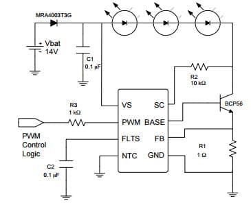 Typical Application for NCV7691 Current Controller for Automotive LED Lamps