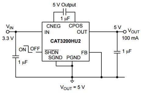 Typical Application for CAT3200HU2 Low Noise Regulated Charge Pump DC-DC Converter for Fixed output