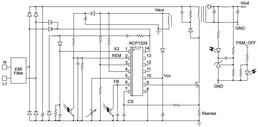 Typical Application Circuit for NCP1339 High-Voltage, Quasi-Resonant, Controller featuring Valley Lock-Out and Power Saving Mode