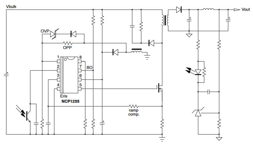 Typical Application for NCP1255 Current-Mode PWM Controller for Off-line Power Supplies featuring Peak Power Excursion