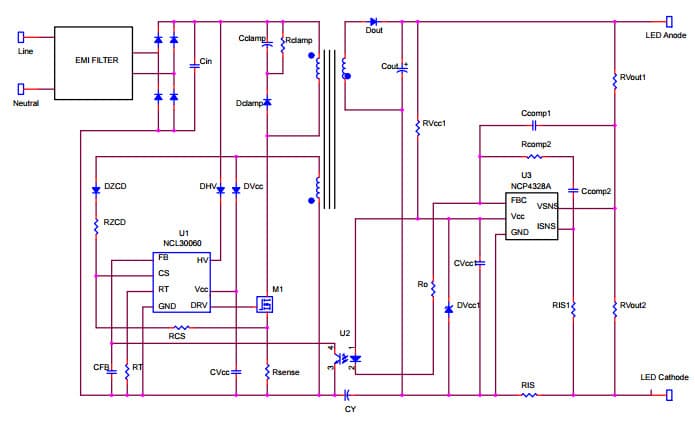 Typical Application for NCL30060 High PF Offline Single Stage LED Driver with High Voltage Startup