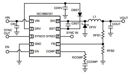 Typical Application for NCV890101 1.2A, 2MHz Automotive Buck Switching Regulator