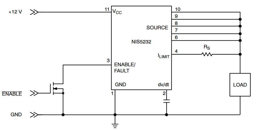 Typical Application for NIS5232 12 Volt Electronic Fuse with Direct Current Sensing