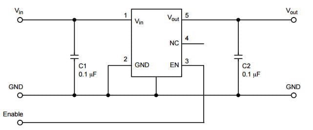 Typical Application for NCP571 150 mA CMOS Low Iq Low Output Voltage Regulator