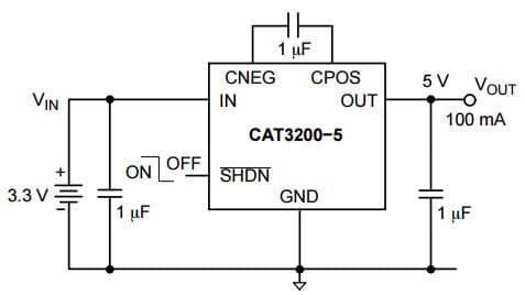 Typical Application for CAT3200 Low Noise Regulated Charge Pump DC-DC Converter 5V Output