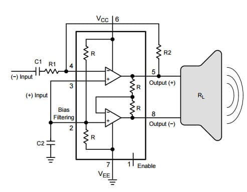 Typical Application for NCS2211 Low Distortion Audio Power Amplifier with Differential Output and shut-down Mode