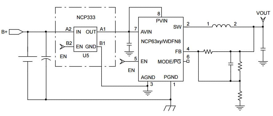 Typical Application for NCP333 1.5A Ultra-Small Controlled Load Switch with Auto-Discharge Path