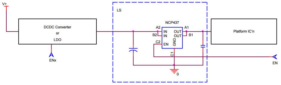 Typical Application Circuit for NCP437 3A Ultra-Small Controlled Load Switch with Auto-Discharge Path