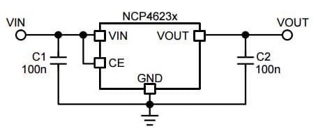 Typical Application for NCP4623 150 mA, Wide Input Voltage Range, Low Dropout Regulator For Fixed Version