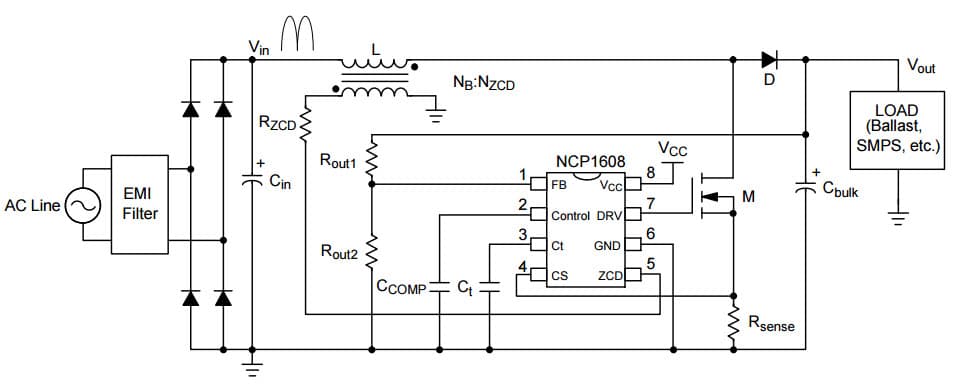 Typical Application for NCP1608 Critical Conduction Mode PFC Controller Utilizing OTA