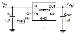 Typical Application for NCP705 500 mA, Ultra-Low Quiescent Current, IQ 13 A, Ultra-Low Noise, LDO Voltage Regulator For Fixed Voltage Version