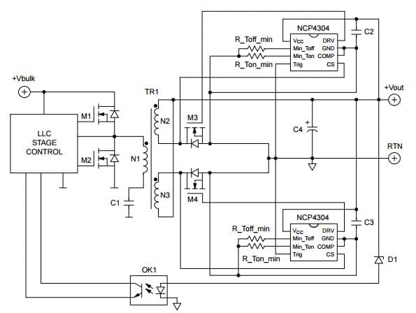 Typical Application for NCP4304B Secondary Side Synchronous Rectification Driver for High Efficiency SMPS Topologies for LLC Converter