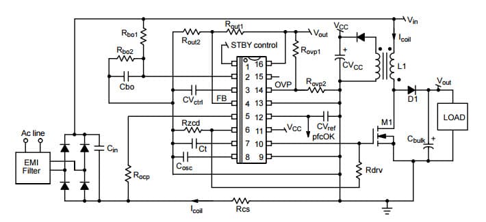 Typical Application for NCP1605 Enhanced, High Voltage and Efficient Standby Mode, Power Factor Controller