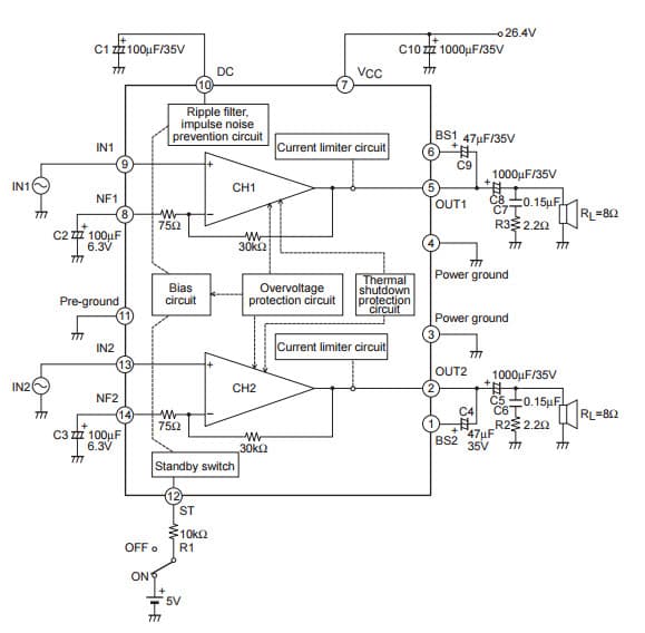 Typical Application Circuit for LA4450 2-Channel Power Amplifier