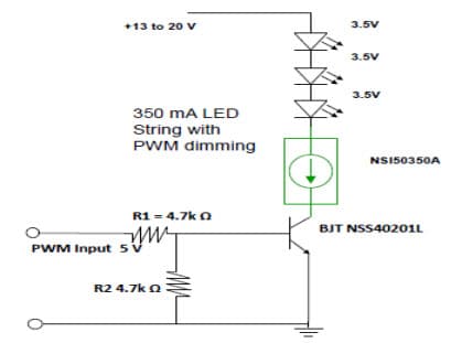 Typical Application for NSIC2030JBT3G 350mA LED String with PWM Dimming