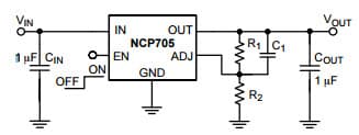 Typical Application for NCP705 500 mA, Ultra-Low Quiescent Current, IQ 13 A, Ultra-Low Noise, LDO Voltage Regulator For Adjustable Voltage Version