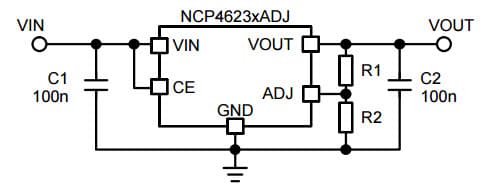 Typical Application for NCP4623 150 mA, Wide Input Voltage Range, Low Dropout Regulator For Adjustable Version