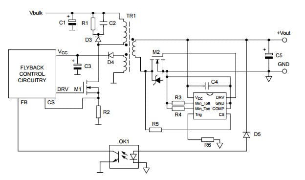 Typical Application for NCP4304B Secondary Side Synchronous Rectification Driver for High Efficiency SMPS Topologies for DCM or QR Flyback Converter