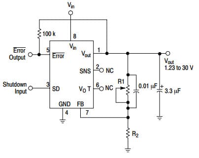 Typical Application for NCV2951 100 mA, Low Power Low Dropout Voltage Regulator for Adjustable Regulator