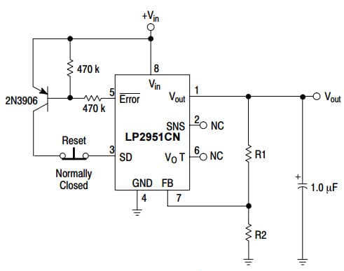 Typical Application for NCV2951 100 mA, Low Power Low Dropout Voltage Regulator for Latch Off When Error Flag Occurs